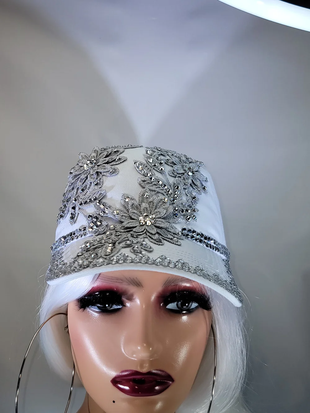 Embellished White Floral Rhinestone Baseball Cap - Picture 9 of 11